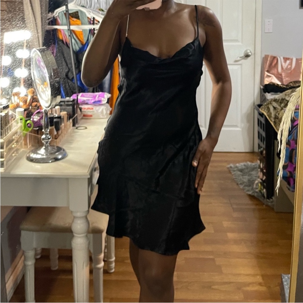 Zara Dress Mini Slip Black Satin Rhinestone Strap Small S